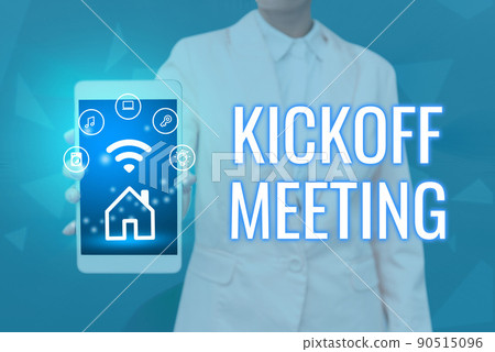 Conceptual display Kickoff Meeting. Conceptual photo Special discussion on the legalities involved in the project Lady Pressing Screen Of Mobile Phone Showing The Futuristic Technology 90515096