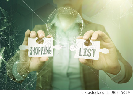 Conceptual display Shopping List. Word for Discipline approach to shopping Basic Items to Buy Lady in suit holding puzzle piece symbolizing global innovative thinking. 90515099