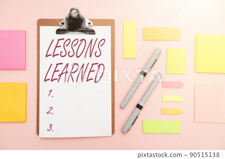 Hand writing sign Lessons Learned. Concept meaning Promote share and use knowledge derived from experience Multiple Assorted Collection Office Stationery Photo Placed Over Table Hand writing sign Lessons Learned. Concept meaning Promote share and use knowledge derived from experience Multiple Assorted Collection Office Stationery Photo Placed Over Table 90515138