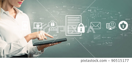 Data protection concept with business woman using a tablet 90515177