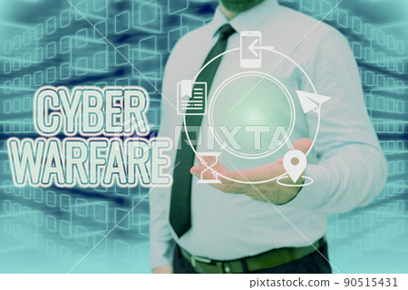 Conceptual display Cyber Warfare. Concept meaning Virtual War Hackers System Attacks Digital Thief Stalker Businessman in suit holding open palm symbolizing successful teamwork. Conceptual display Cyber Warfare. Concept meaning Virtual War Hackers System Attacks Digital Thief Stalker Businessman in suit holding open palm symbolizing successful teamwork. 90515431
