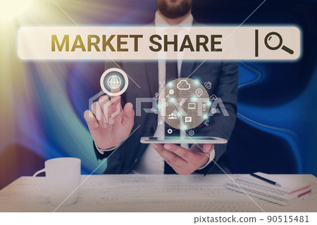 Hand writing sign Market Share. Business approach The portion of a market controlled by a particular company Man holding Screen Of Mobile Phone Showing The Futuristic Technology. Hand writing sign Market Share. Business approach The portion of a market controlled by a particular company Man holding Screen Of Mobile Phone Showing The Futuristic Technology. 90515481