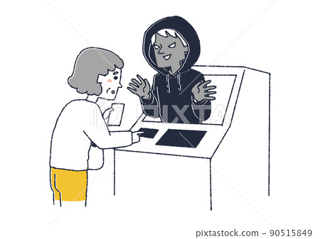 A scammer who tries to trick an elderly woman into transferring money from an ATM, a comical handwritten person A scammer who tries to trick an elderly woman into transferring money from an ATM, a comical handwritten person 90515849