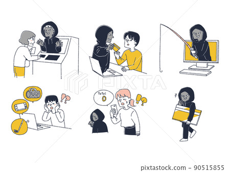 Illustrations about various scammers' tricks, comical handwritten figures, vectors, warm line drawings Illustrations about various scammers' tricks, comical handwritten figures, vectors, warm line drawings 90515855