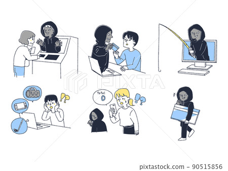Illustrations about various scammers' tricks, comical handwritten figures, vectors, warm line drawings 90515856