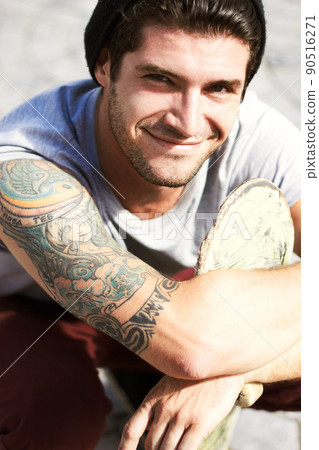 Your body is a temple - decorate it. Portrait of a young man showing off his beautiful Art Nouveau style tattoo. Your body is a temple - decorate it. Portrait of a young man showing off his beautiful Art Nouveau style tattoo. 90516271