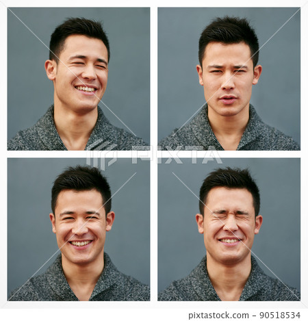 Express yourself. Composite shot of a young man doing different facial expressions against a grey background. 90518534