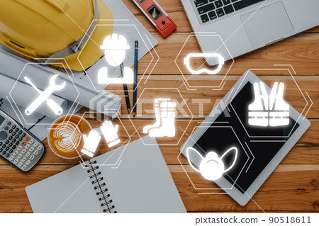 Work safety concept, Top view engineer office with VR screen work safety icon, First secure rules. Health protection, personal security people on job. 90518611