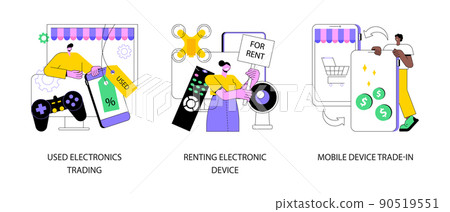 Electronics trade market abstract concept vector illustration set. Used electronics trading, renting electronic device, mobile phone trade-in, sell old smartphone, best deal abstract metaphor. 90519551
