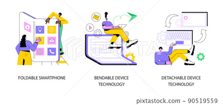 Modern electronics abstract concept vector illustration set. Foldable smartphone, bendable and detachable device technology, modular electronics, phone design, flexible display abstract metaphor. Modern electronics abstract concept vector illustration set. Foldable smartphone, bendable and detachable device technology, modular electronics, phone design, flexible display abstract metaphor. 90519559