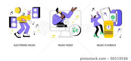 Music industry abstract concept vector illustration set. Electronic music, videoclip production, recorded audio broadcasting, internet streaming, night club party, rave culture abstract metaphor. Music industry abstract concept vector illustration set. Electronic music, videoclip production, recorded audio broadcasting, internet streaming, night club party, rave culture abstract metaphor. 90519586