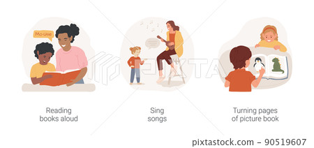 Toddlers learning skills isolated cartoon vector illustration set. Reading books aloud, sing songs, turning pages of picture book, early education, kindergarten activity, child care vector cartoon. 90519607