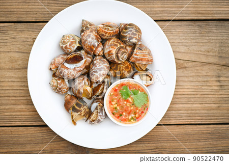 Fresh Spotted babylon Sea shell limpet ocean gourmet seafood in the restaurant, Babylonia areolata shellfish seafood on white plate with seafood sauce on table background Fresh Spotted babylon Sea shell limpet ocean gourmet seafood in the restaurant, Babylonia areolata shellfish seafood on white plate with seafood sauce on table background 90522470