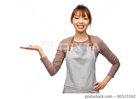 happy female chef or waitress holding something 90523302