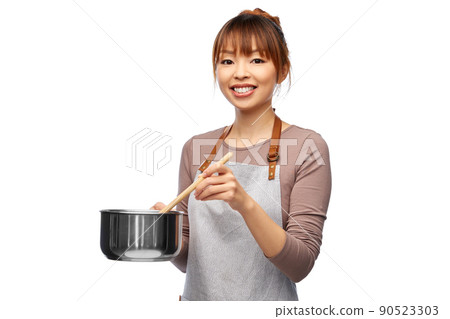 happy smiling female chef with saucepan happy smiling female chef with saucepan 90523303