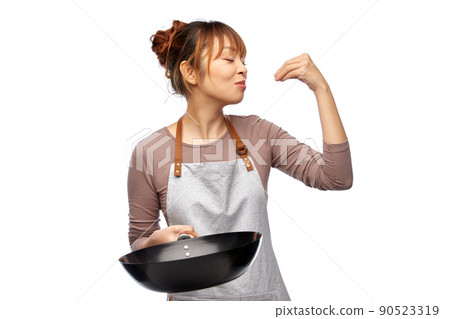 happy smiling female chef with frying pan happy smiling female chef with frying pan 90523319
