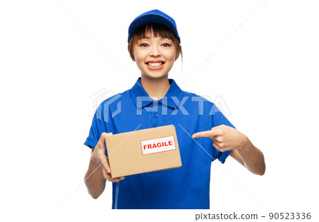 happy smiling delivery woman holding parcel box happy smiling delivery woman holding parcel box 90523336