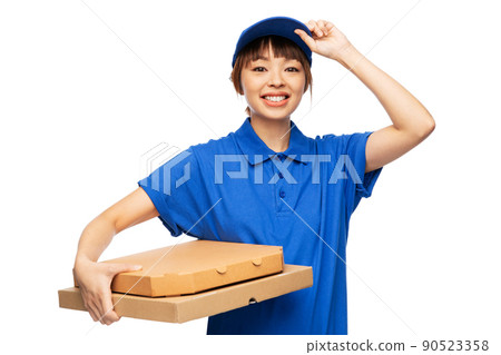 delivery woman with takeaway pizza boxes 90523358