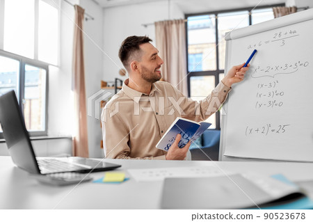 math teacher with laptop has online class at home math teacher with laptop has online class at home 90523678