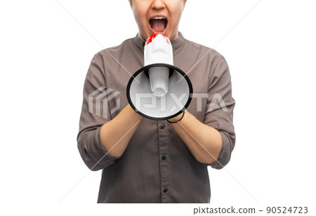 man with megaphone protesting on demonstration man with megaphone protesting on demonstration 90524723