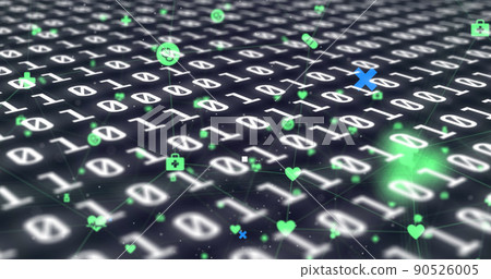 Abstract shapes and network of digital icons against binary coding data processing Abstract shapes and network of digital icons against binary coding data processing 90526005