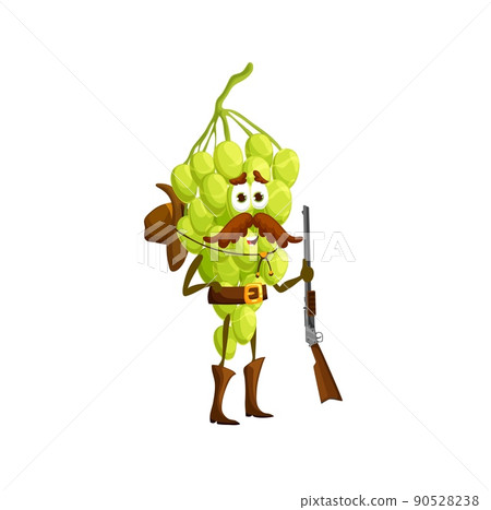 Cartoon grape ranger character. Vector berry cowboy with rifle, bandit, hunter or robber grapes wild west hero with hat on back and gun. Western horseman personage 90528238