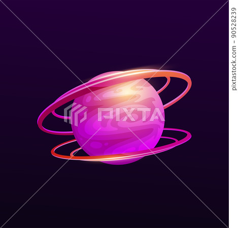 Purple space planet with two rings on vector background of cartoon alien world universe dark sky. Fantasy game ui or gui element, bright sphere of galaxy planet with asteroid belts and bright swirls Purple space planet with two rings on vector background of cartoon alien world universe dark sky. Fantasy game ui or gui element, bright sphere of galaxy planet with asteroid belts and bright swirls 90528239