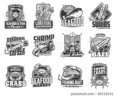 Fishing icons, fish catch tournament vector emblems, seafood market vector sign. Sea and ocean fishery tours, tackles and baits for lobster, squid or crab and shrimps, fisher catch equipment and rods 90528241