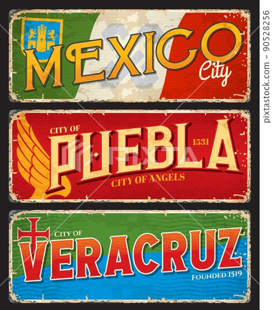 Mexico, Puebla, Veracruz city travel plates and stickers, Mexican vector tin signs. Mexico states cities travel plates and luggage tags with flags, emblems and landmark symbols or city taglines Mexico, Puebla, Veracruz city travel plates and stickers, Mexican vector tin signs. Mexico states cities travel plates and luggage tags with flags, emblems and landmark symbols or city taglines 90528256