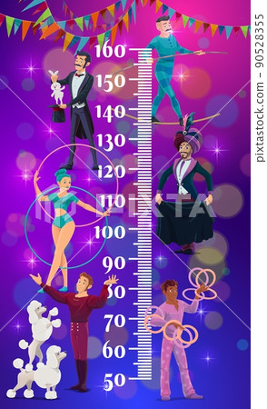 Kids height chart shapito circus performers growth meter. Vector wall sticker for children height measurement with cartoon characters magician with rabbit, rope walker, dog tamer, juggler and gymnast 90528355
