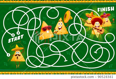 Funny mexican nachos chips characters labyrinth maze game. Pathfinding puzzle quiz vector worksheet of cartoon tortilla chips with sombrero hats, maracas and guitar. Find right way game with nachos 90528381