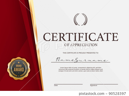 Award certificate of appreciation, diploma template with frame and golden seal, vector background. Achievement and best award certificate diploma with red frame, golden wreath and star on guilloche 90528397