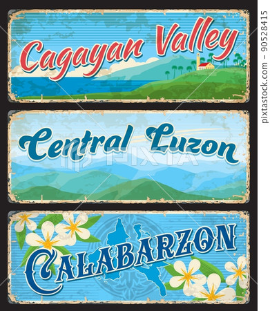 Central Luzon, Calabarzon and Cagayan Valley, provinces of Philippines, vector travel plates and stickers. Philippines provinces and regions tin signs or tourism luggage tags with landmarks 90528415