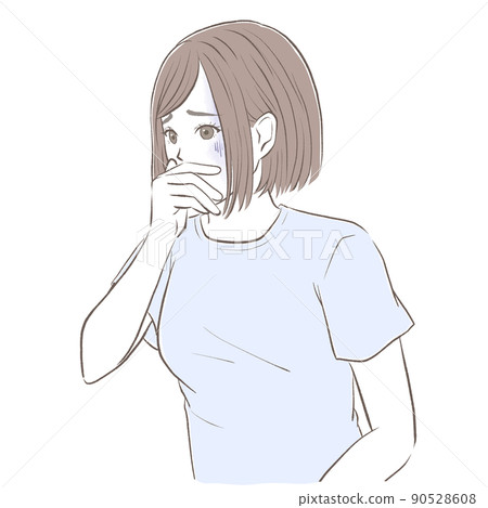 A woman who feels uncomfortable and puts her hand on her mouth A woman who feels uncomfortable and puts her hand on her mouth 90528608
