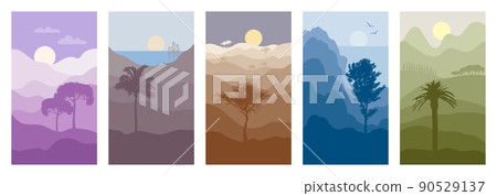 Set of abstract evening landscapes. Desert with camels, hills, mountains, lake, sea, sun, silhouettes of trees. 90529137