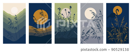 Set of abstract landscapes in fashionable colors. Flamingos, hills, grass, moon, sunset. Set of abstract landscapes in fashionable colors. Flamingos, hills, grass, moon, sunset. 90529138