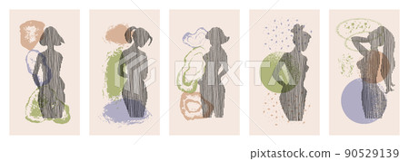 Set of vector illustrations with an abstract composition of girls and figures in a fashionable modern collage style. Set of vector illustrations with an abstract composition of girls and figures in a fashionable modern collage style. 90529139