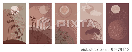 Mysterious backgrounds with abstract scenes of landscapes, space, trees, grasses, planets, moon and sun. 90529140