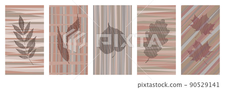 Designer abstract backgrounds in fashionable colors. Tree leaves in the form of stripes on pink and beige. 90529141