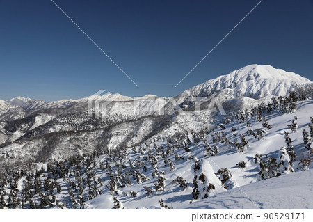 [福井縣小野市，2月] 絕景：從真名川水庫看到的南山脊路線、荒島山（中右）和白山連峰（後中左） 90529171