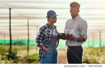 Tracking their growth. Cropped shot of two young farmers looking at a tablet while working on their farm. 90530265