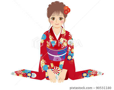 Illustration of working women, whole body, furisode, brown hair, New Year greetings Illustration of working women, whole body, furisode, brown hair, New Year greetings 90531180