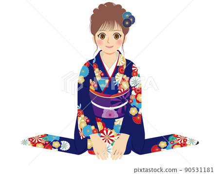 Illustration of working women, whole body, furisode, brown hair, New Year greetings Illustration of working women, whole body, furisode, brown hair, New Year greetings 90531181