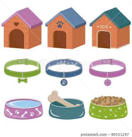 A set of accessories for dogs and cats, a booth, bowls with food, collars with a medallion. Isolated vector illustration 90531297