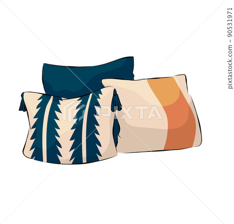 Cartoon cushion composition. Doodle bedroom pillows and home interior decorative elements. Bedroom or living room decor. Textile decor. Vector cushions with modern geometric patterns set 90531971