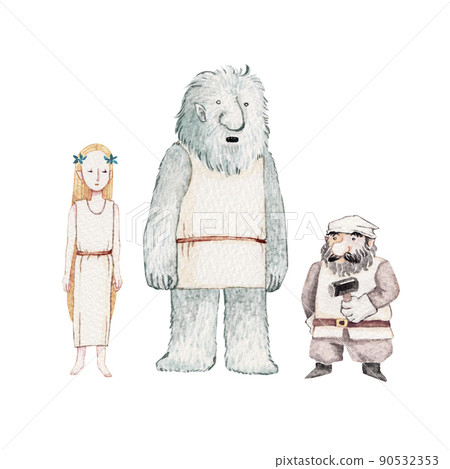 Norse mythology legendary creature elf dwarf troll watercolor illustration 90532353