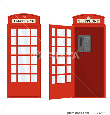 Red telephone booth with open door, color vector isolated cartoon-style illustration Red telephone booth with open door, color vector isolated cartoon-style illustration 90532359