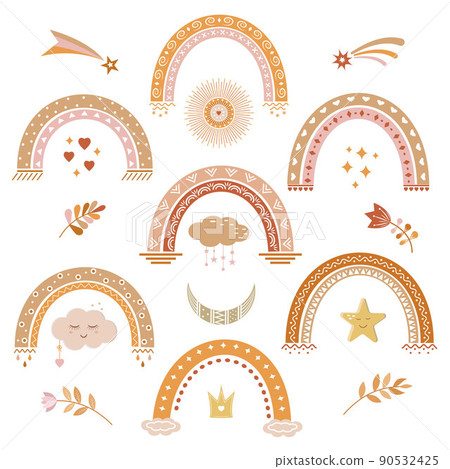 rainbows clouds flowers boho style clipart, color vector illustration 90532425