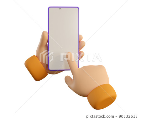 3d cartoon human hand hold smartphone isolated on white background. Using phone concept. Realistic 3d high quality render 3d cartoon human hand hold smartphone isolated on white background. Using phone concept. Realistic 3d high quality render 90532615
