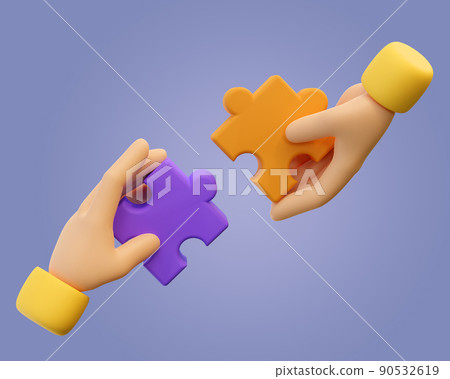 3d human hands with jigsaw puzzle pieces. Concept of business problems, partnership, development, cooperation and teamwork. 3d high quality render on purple background. 90532619